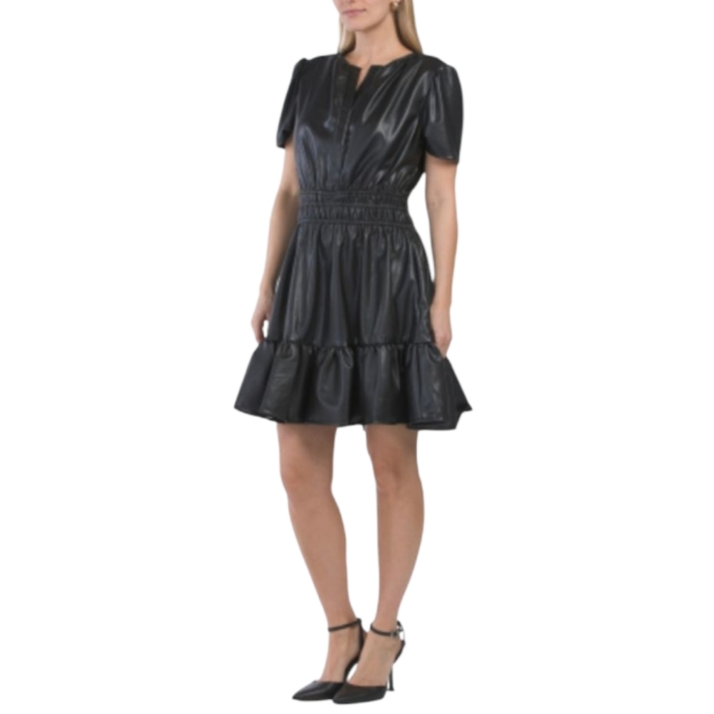Grey Collective Short Sleeve Black Faux Leather Ruffled Mini Dress